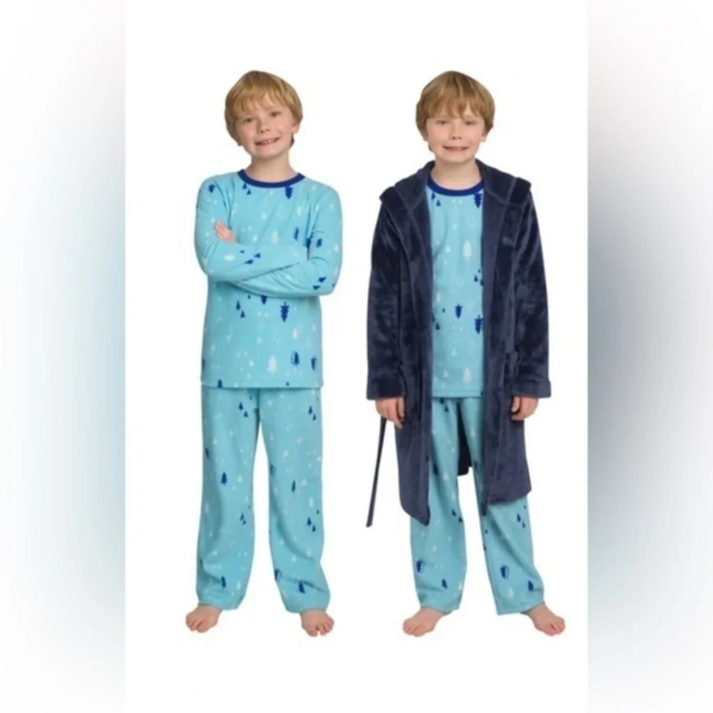 NWT Lands' End Light Blue Kids 3 Piece Pajama Set with Navy Robe